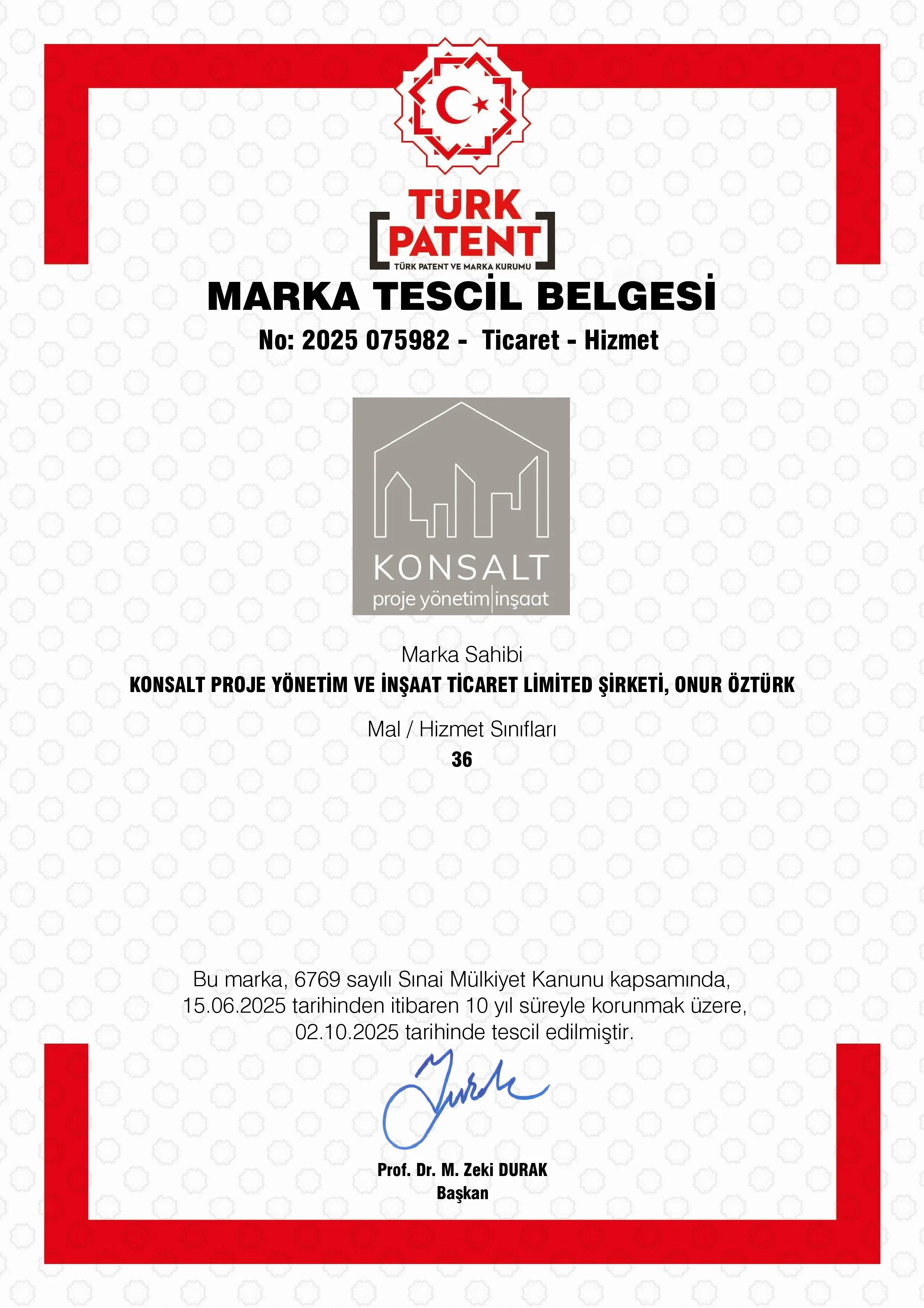 Marka Tescil Belgesi Sınıf 36