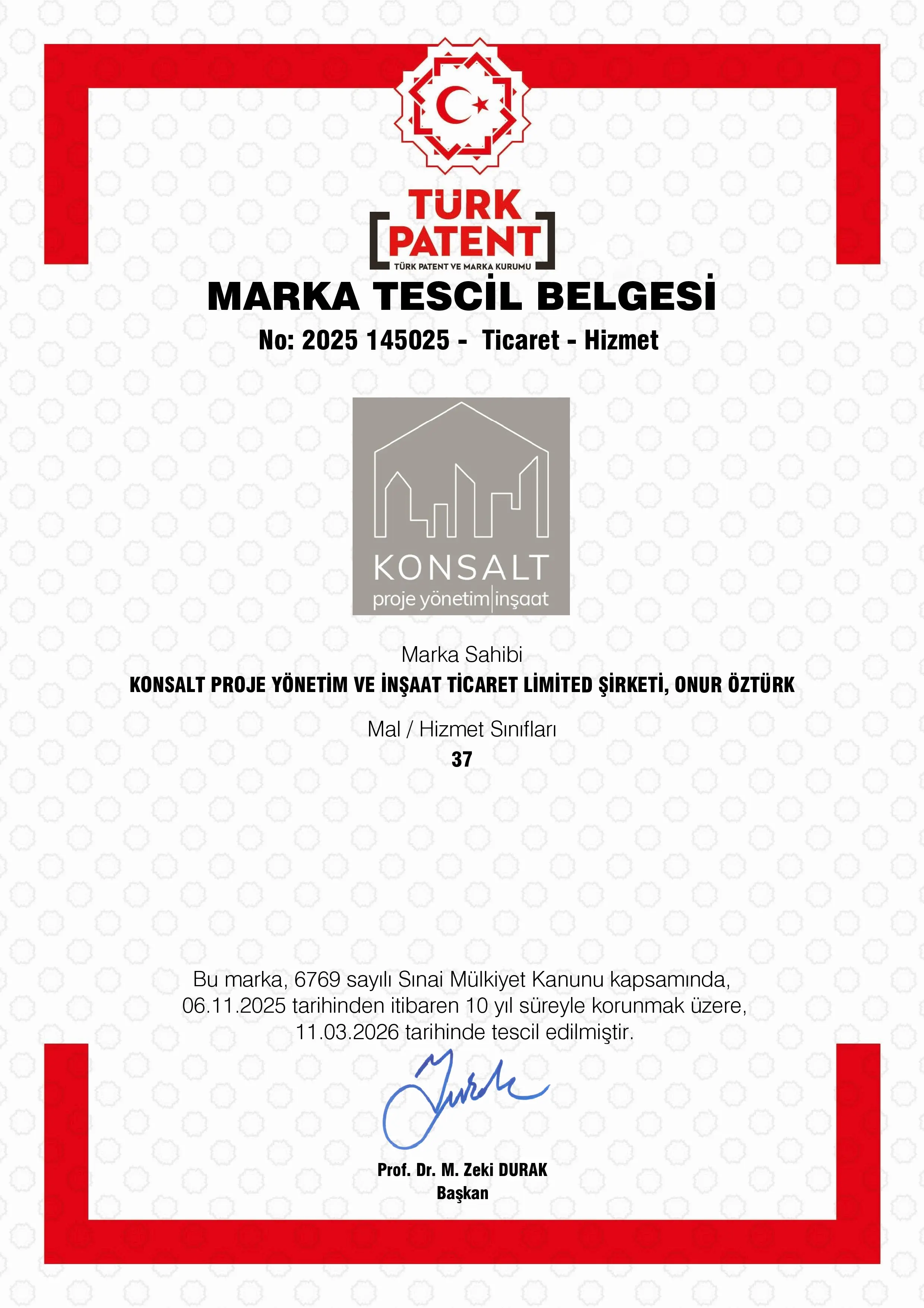 Marka Tescil Belgesi Sınıf 37